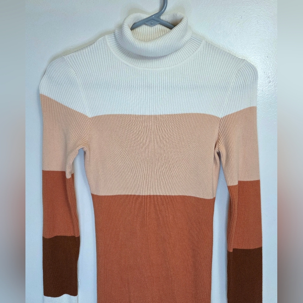 Rocorose Sweater Dress Midi Colorblock Stretch Bodycon Ribbed Knit Turtleneck M - Picture 3 of 15